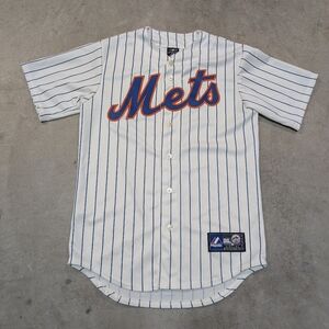 Majestic New York Mets White Blue Pinstripe Baseball Jersey with Orange Script